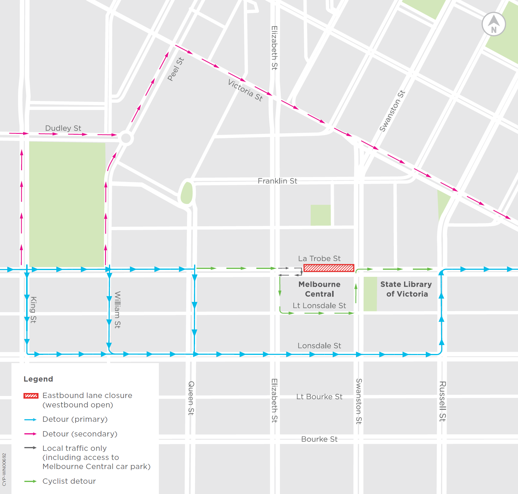 A map showing detours around La Trobe Street in the State Library precinct.