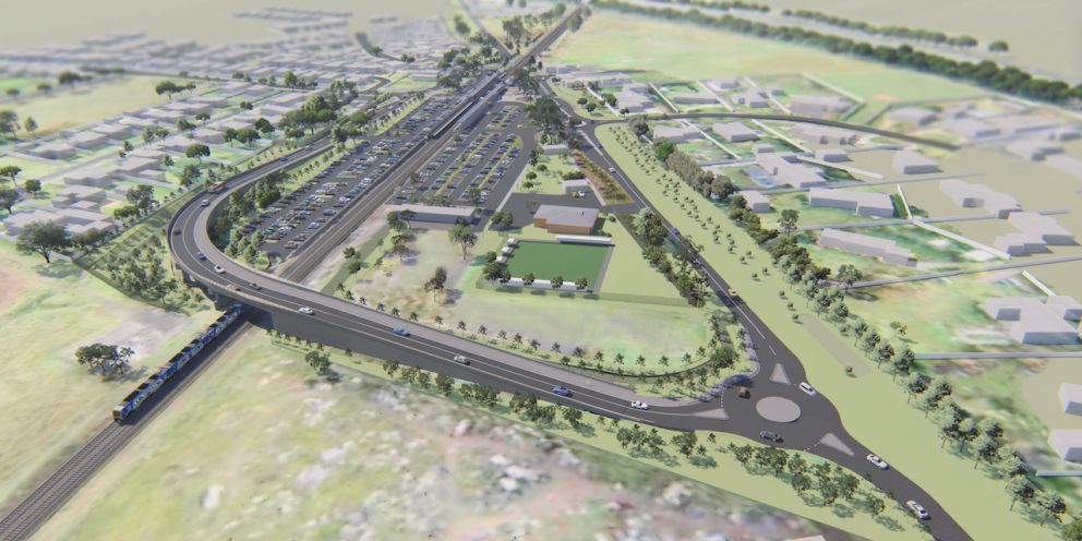  Aerial view looking north at the new road bridge at Old Calder Highway and Diggers Rest Station. Artist impression only, subject to change.