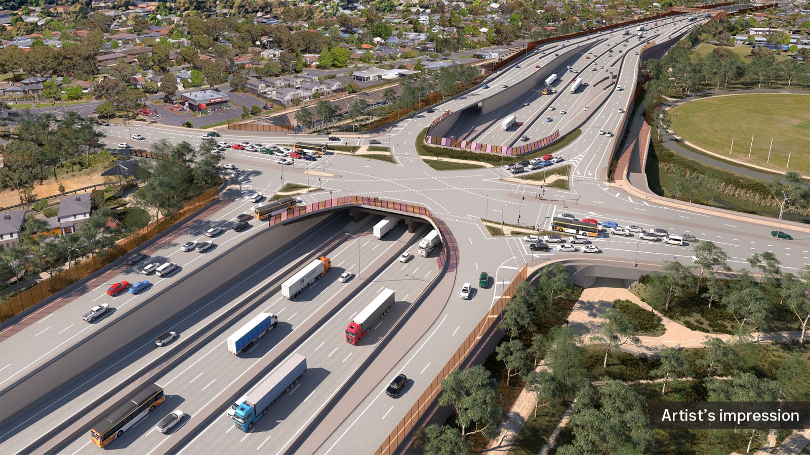 Aerial artist impression of traffic using the Grimshaw Street interchange in Watsonia North.