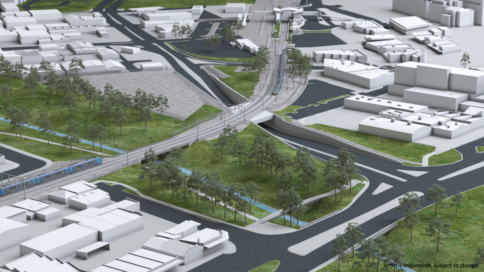Princes Highway-Lonsdale Street where the new road underpass will start, and Webster Street closed at the level crossing. Artist impression subject to change