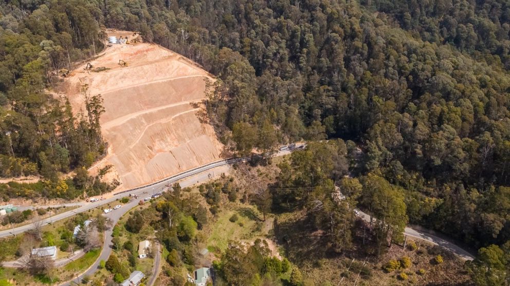 Aerial view of the landslip from above Bogong Village