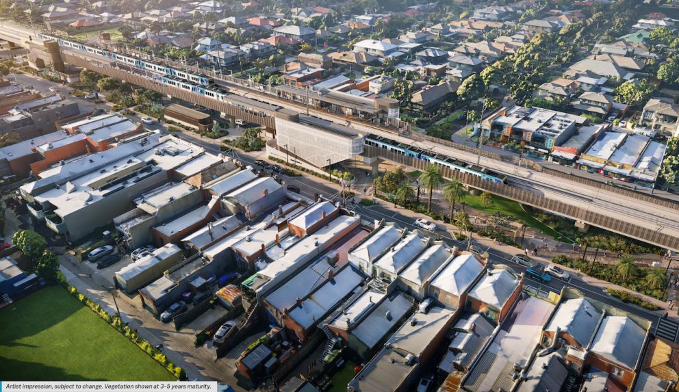 New Parkdale Station and open space, looking towards Nepean Highway. Artist impression, subject to change. Vegetation shown at 3-5 maturity. 