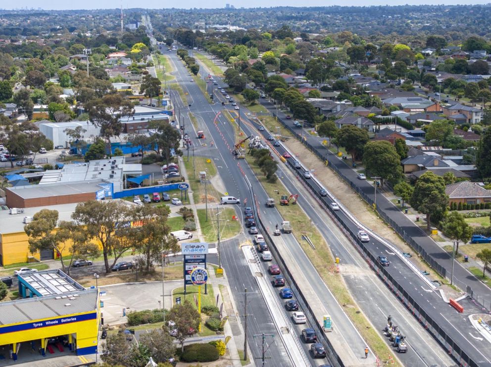 Birdseye view of the works site on Burwood Highway