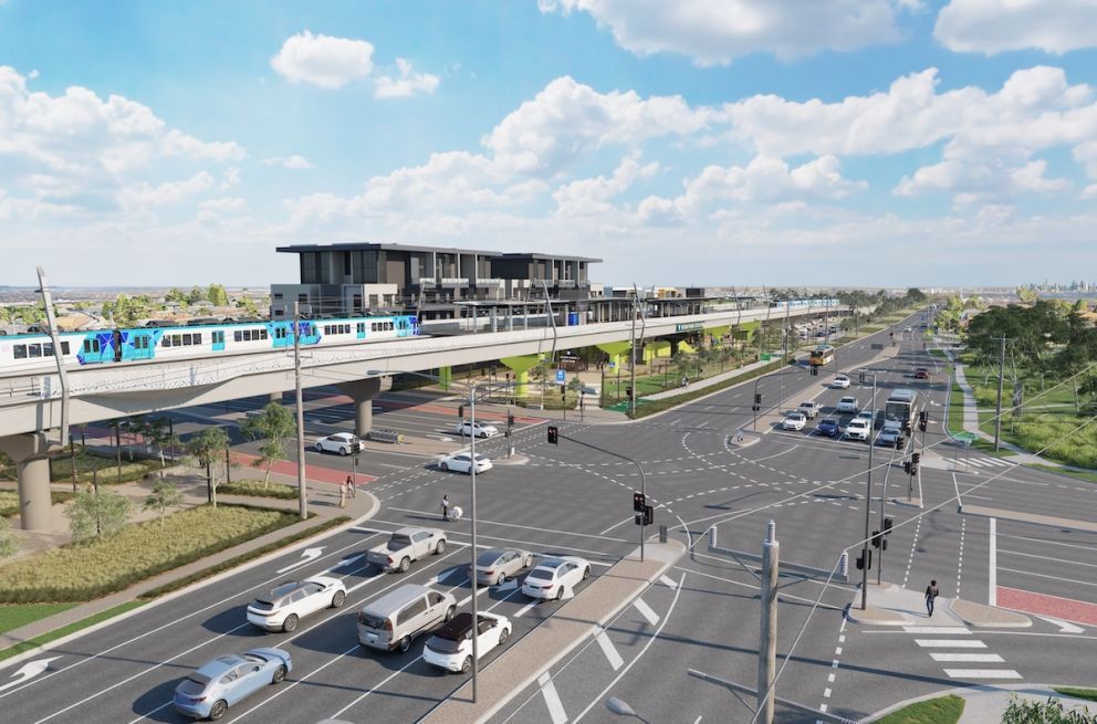 (Updated December 2023) South-east view. Aerial view of the new rail bridge and Keon Park Station. Artist impression only.