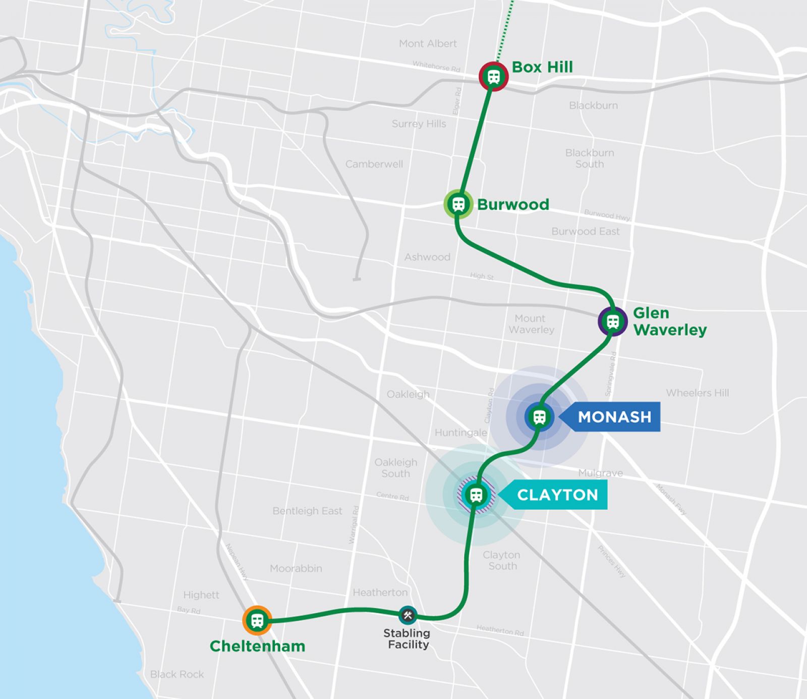 Map outlining the SRL East station connections highlighting Monash and Clayton precincts.