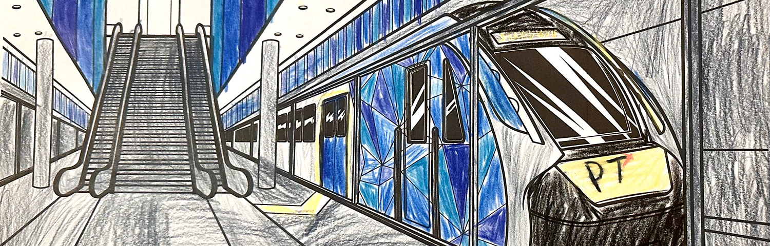 Colouring in of train in a station with escalators in the background.