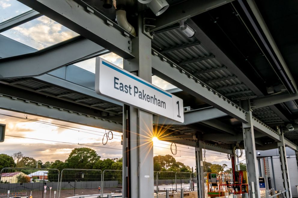 The sun rises over East Pakenham Station