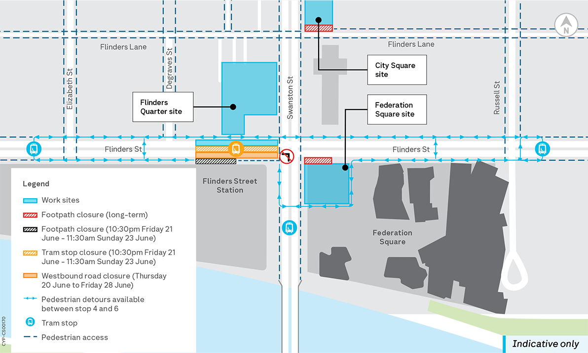 Map of Town Hall Station, located under Swanston Street, between Flinders Street and Collins Street, showing 7 entrances. They are located at Scott Alley, Cocker Alley, Swanston Street, Flinders Street, City Square and Fed Square. All have lift and escalator access.  Town Hall Station is also accessible via an underground passenger connection to and from Flinders Street Station, with lift access. There are tram stops on Collins Street, Swanston Street and Flinders Street. Bike lanes are on Collins Street, Swanston Street, Flinders Lane and Flinders Street.