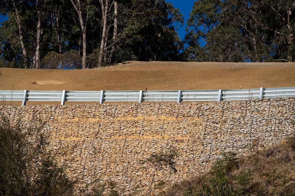 Image of the gabion wall above Bogong Village that supports Bogong High Plains Road