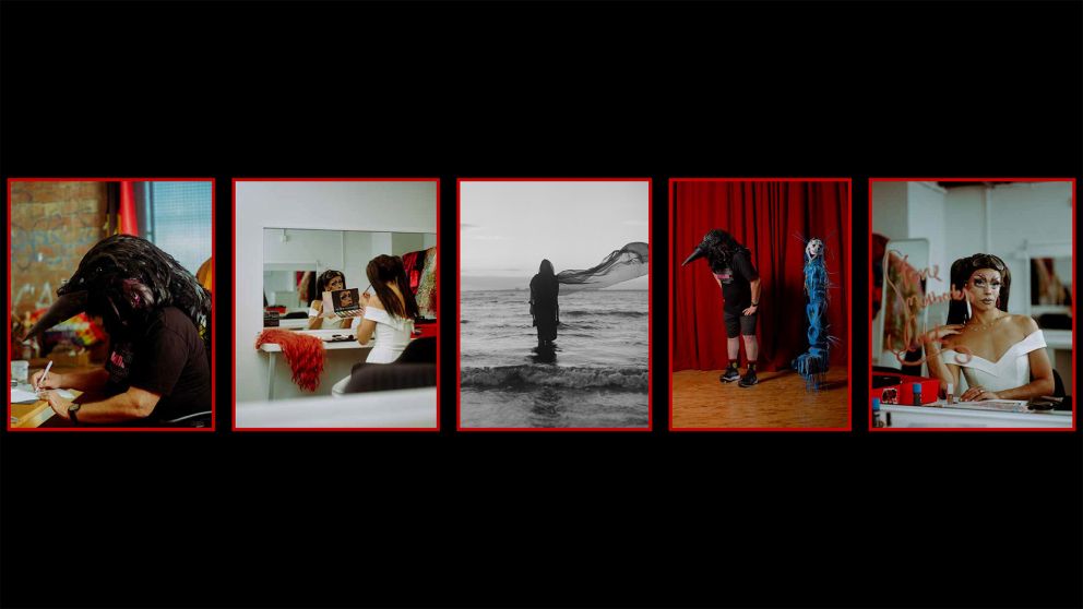 A series of five images with red borders surrounding them on a black background