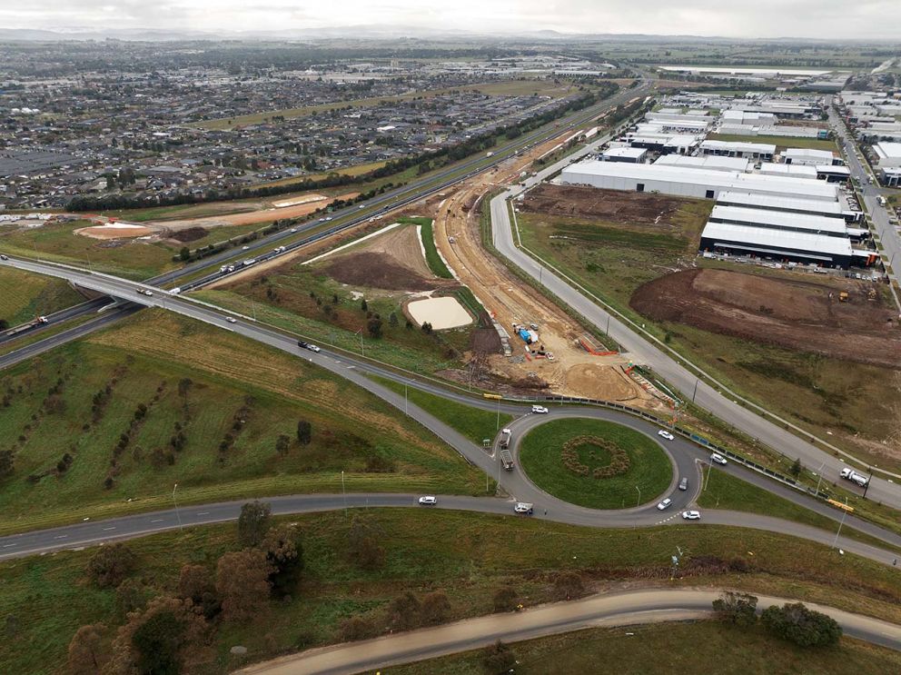 July 2023- An aerial view of the new freeway ramps at McGregor Road