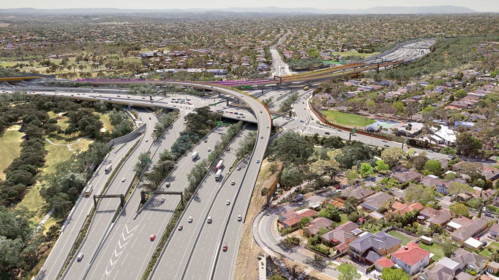 Artist's impression of the new Bulleen Interchange, connecting to the North East Link Tunnels