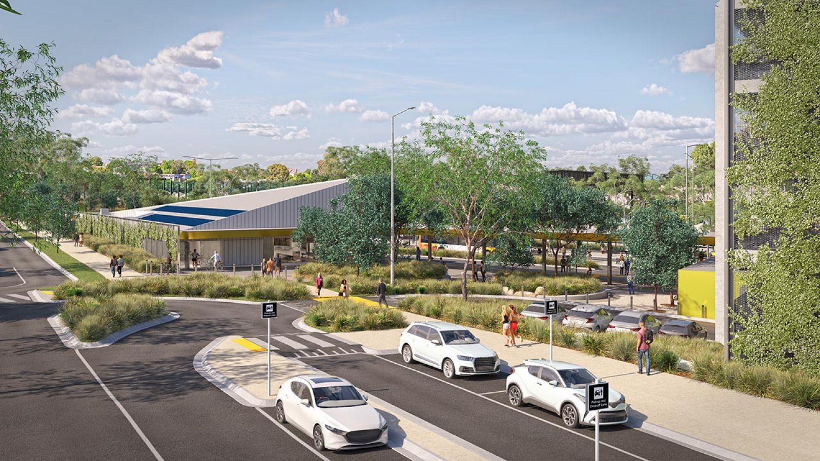 New Drop and Go zone, multi-level car park exit and passenger services building, view from Hender Street