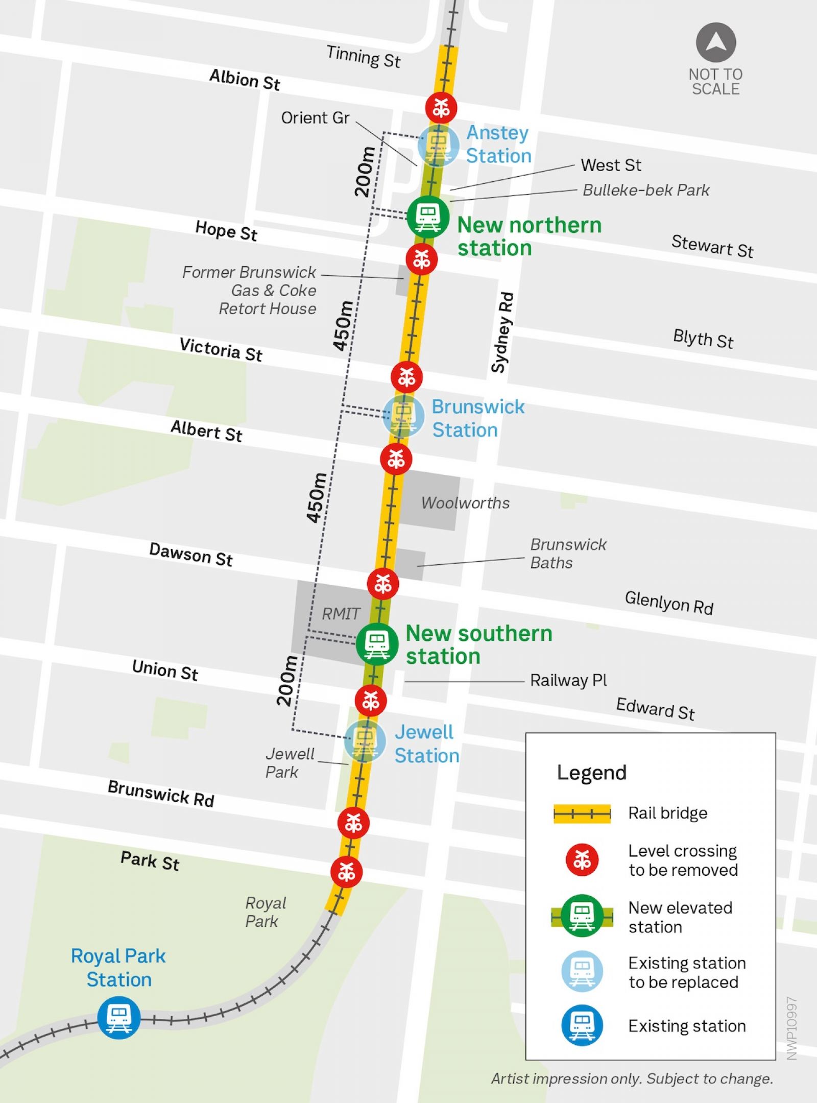 Map of Brunswick showing level crossing removal project area between Albion Street in the north and Park Street to the south. A new northern station will be located south of Anstey Station and a new southern station will be located north of Jewell Station.