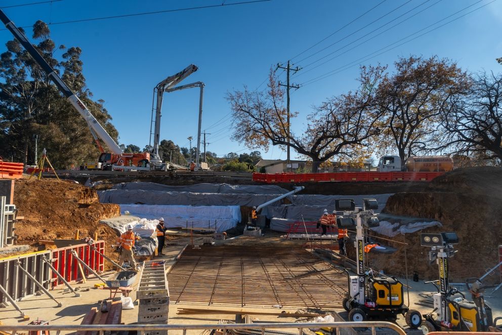 May 2024 – Building the foundations for the new underpass. View from Melba Avenue