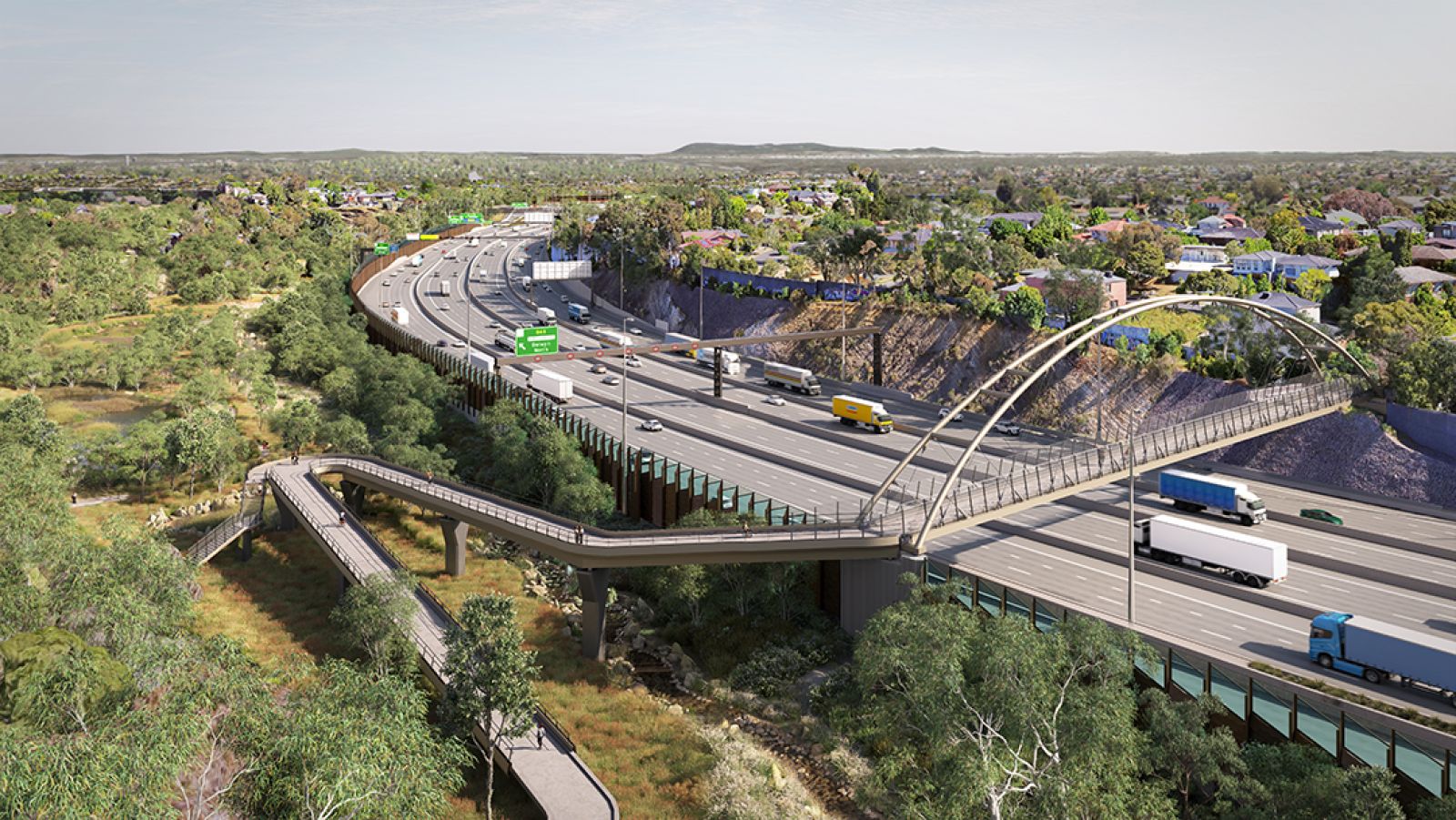 Showing bridge, freeway and trees