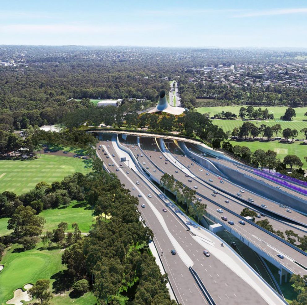 Artists impression of the southern tunnel portal, including ventilation structure and Yarra Link green bridge, Bulleen