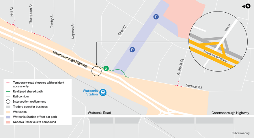 Elder Street intersection realignment works showing Greensborough Highway section