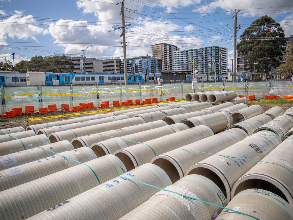 Pipes lined up on site in Glen Waverley