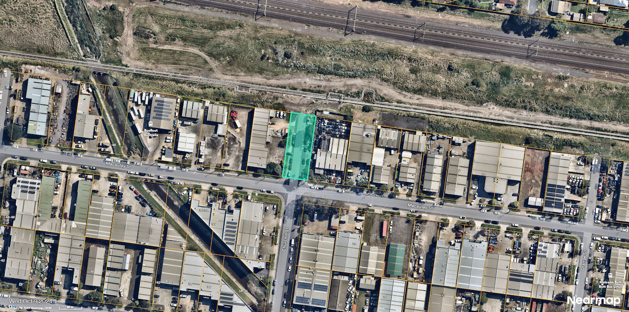 Map showing road closure shaded in light blue at Churchill Street, Williamstown North between the northern end and Macaulay Street.