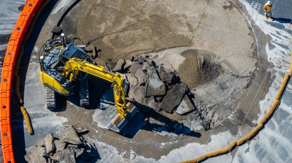 Birds eye view of the digger working on Nathan Road roundabout