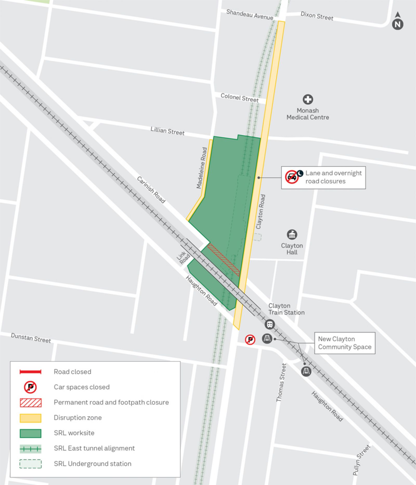 Map showing works in Clayton during May on Clayton Road,Madeleine Road and Carinish Road. 