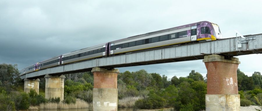 V-Locity train travelling on the new bridge over the Avon River in Stratford 