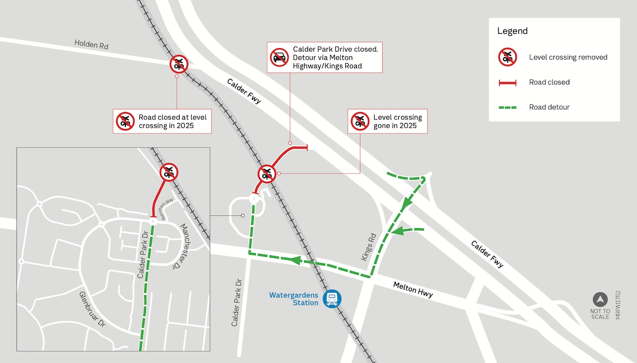 Map showing both Holden Road and Calder Park Drive closed at the level crossing, detour via Kings Road and Melton Highway