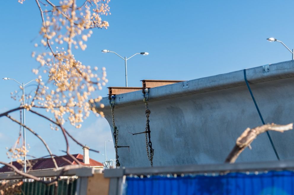 The 100 tonne L-beams are shipped in overnight from Kilmore to minimise disruption