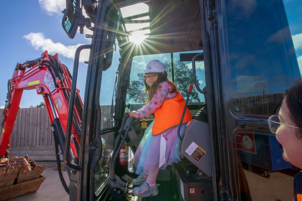 Hands on the controls at our ‘Kids in Construction’ event with kinder kids getting behind the wheel of a digger