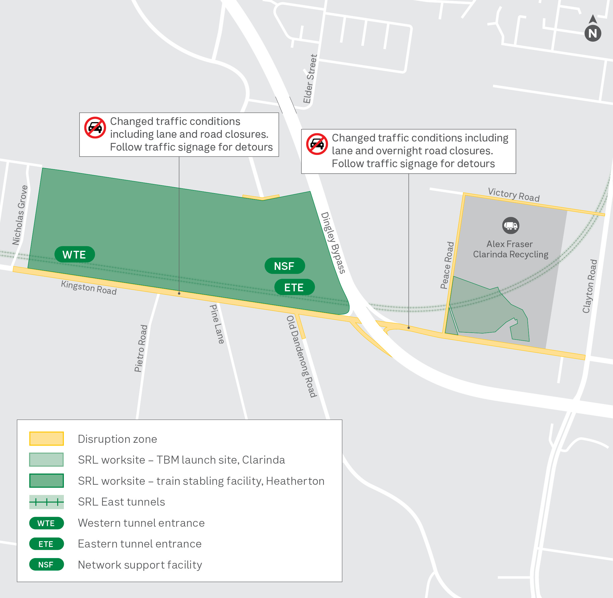 Heatherton and Clarinda traffic changes showing the train stabling facility in Heatherton and SRL worksite in Clarinda.