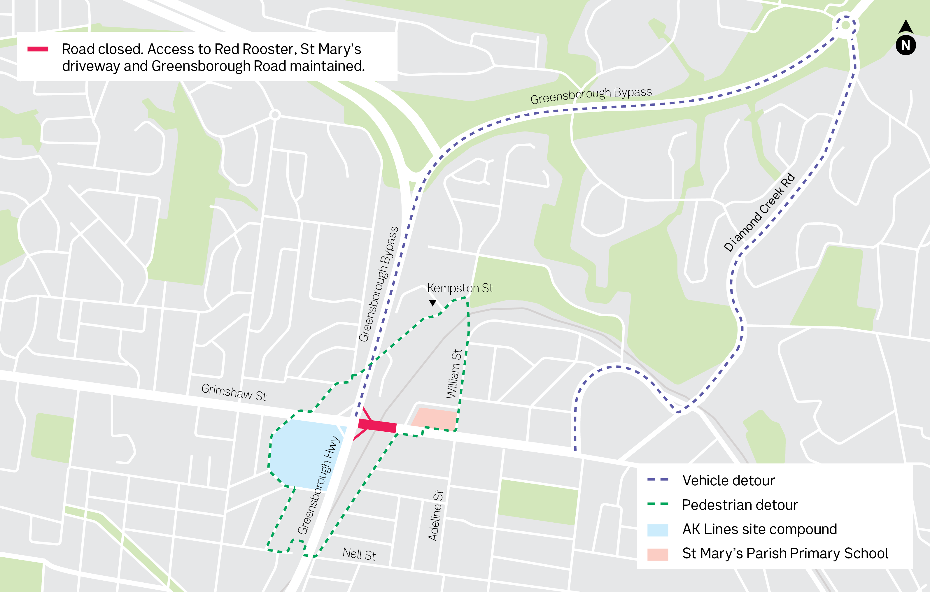 Road closed. Access to Red Rooster, St Mary's driveway and Greensborough Road maintained