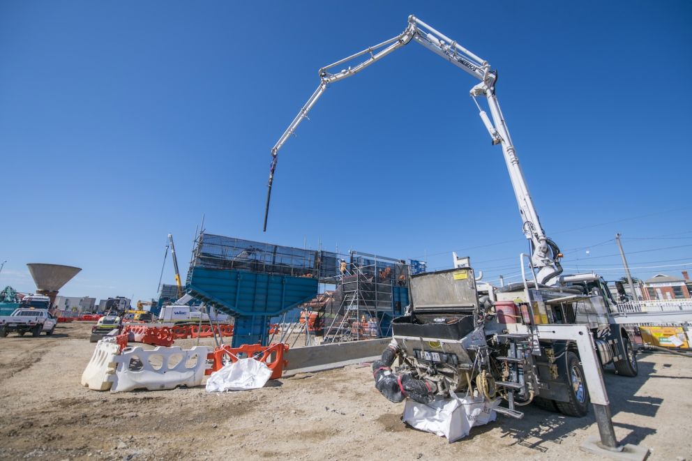 Pouring concrete for the piers near McDonald Street, Mordialloc