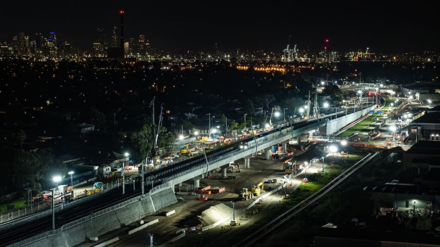 Passenger trains are travelling over Maddox Road on two new rail bridges