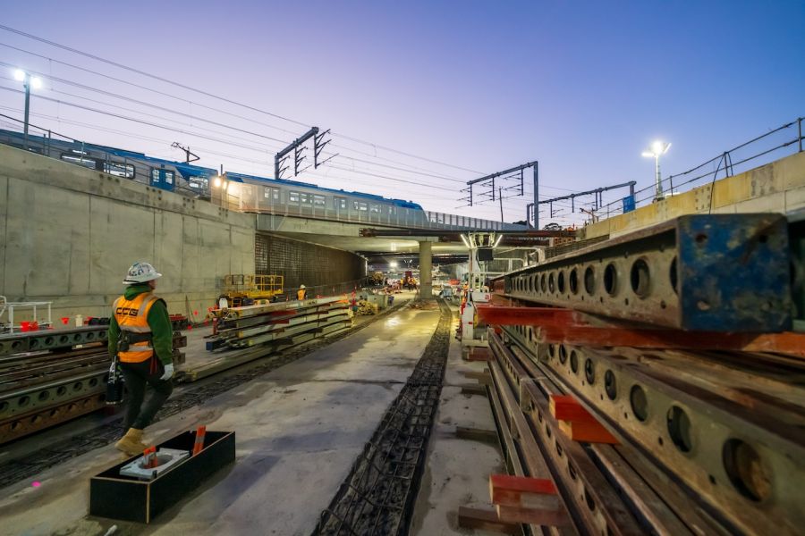 Formwork supports either side of the future centre median of the underpass, looking east towards Princes Highway-Lonsdale Street