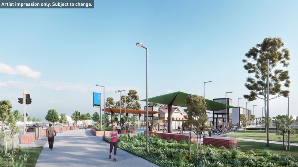 New North Williamstown Station forecourt, including shared use path and bike parking. Artist impression only. Subject to change.