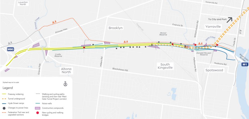 A map indicating the scope of construction work being undertaken along the West Gate Freeway area