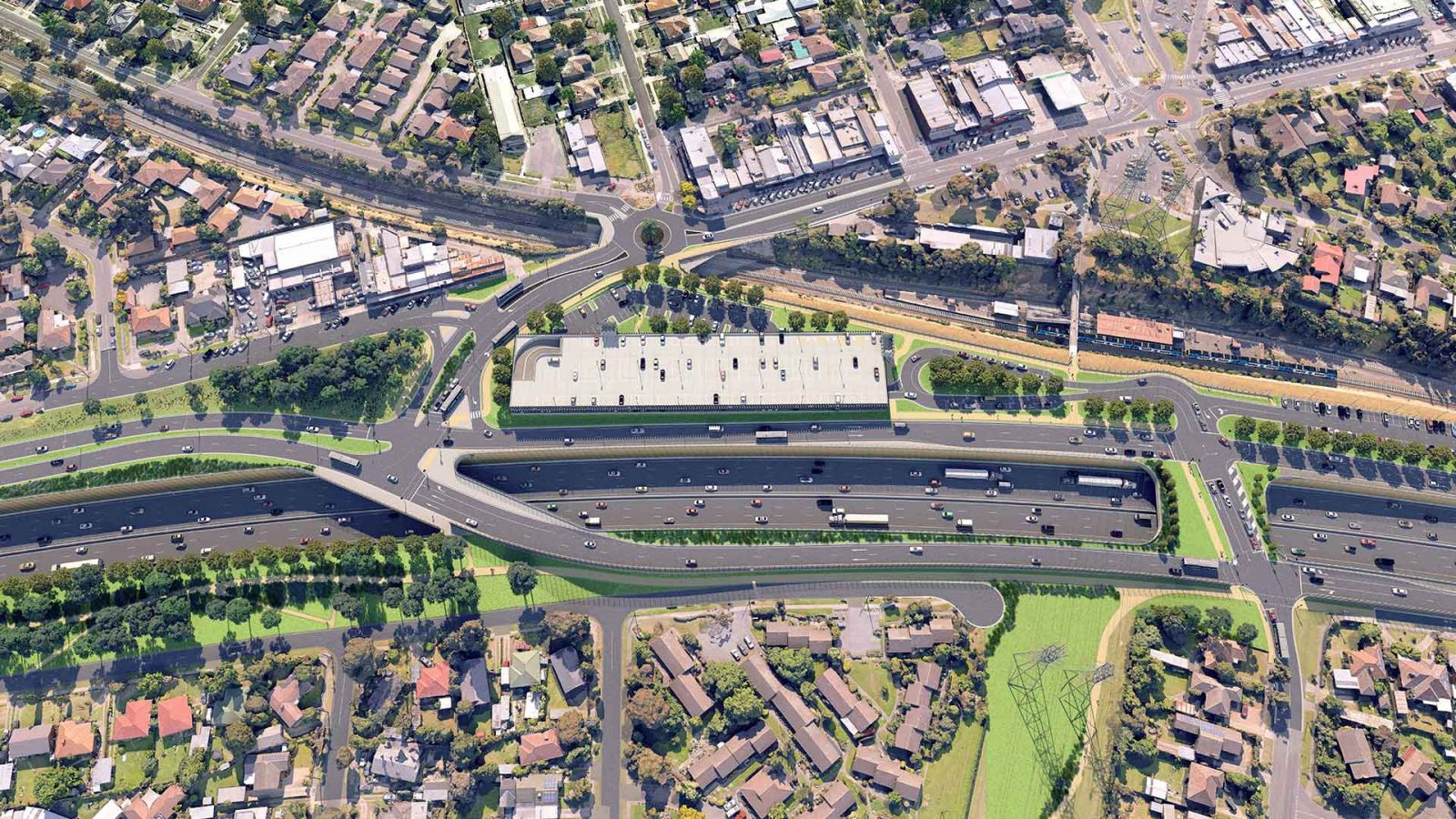 Aerial render showing new multi-level carpark, walking and bike paths and crossings and signalised crossings at Greensborough Road, Watsonia Road and Elder Street.