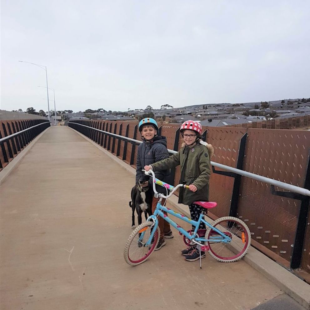 Kids with a dog and bicycle on the new Hallets Way pedestrian bridge