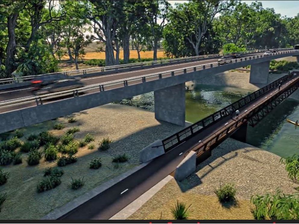 An artists impression of the Campaspe river's new bridge with the river flowing below it. There are two bridges; the one above is for vehicles and the bridge below is for pedestrians and bicycles