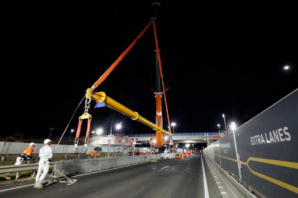 Preparation to lift bridge beams into place over the Hume Freeway