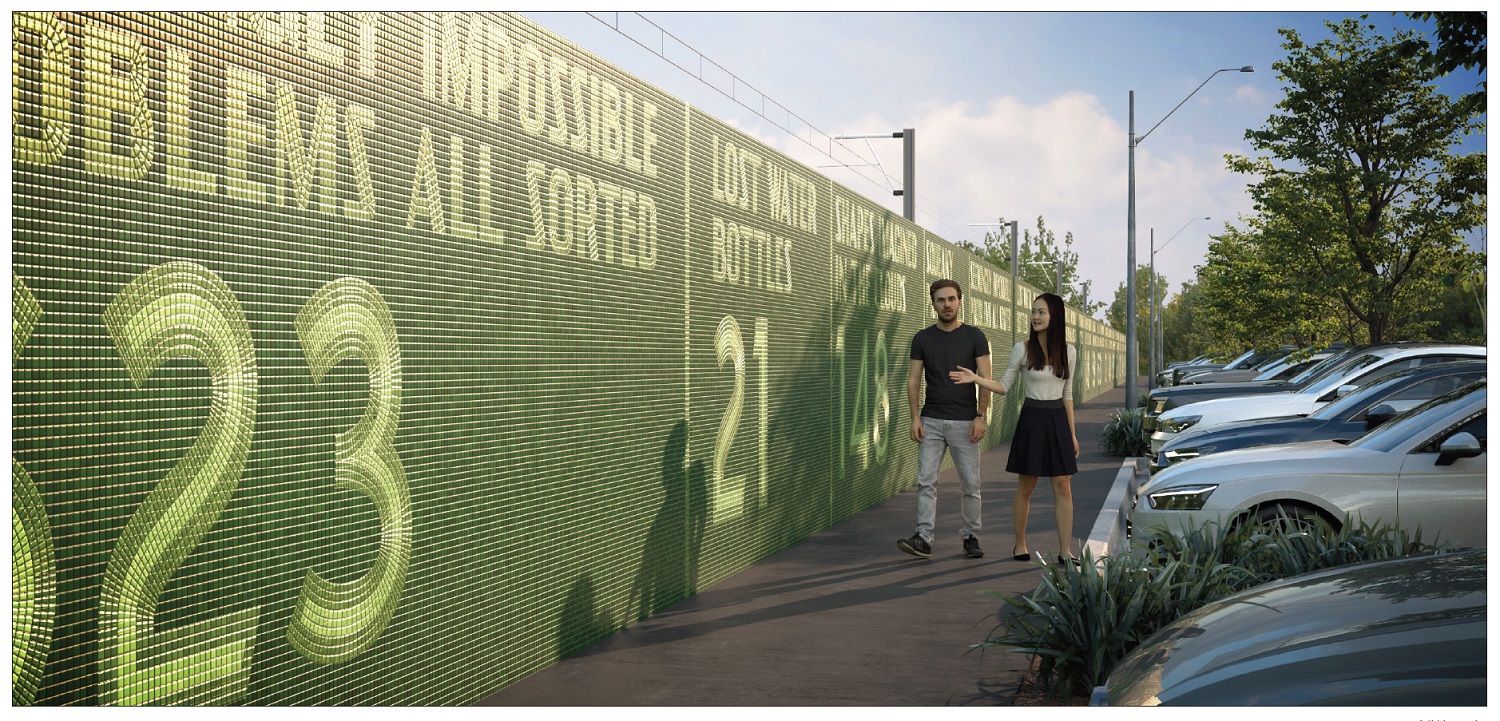 Render of proposed artwork of green tiles on a a wall showing the text 'Lost water bottles: 21