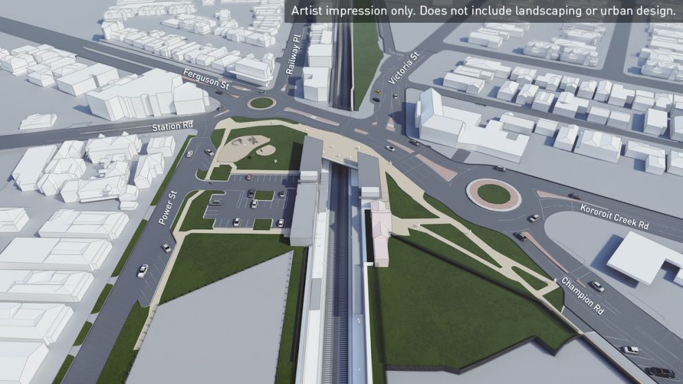 New Ferguson Street rail under road design looking South East from North Williamstown Station Reserve. Artist impression only, does not include landscaping or urban design