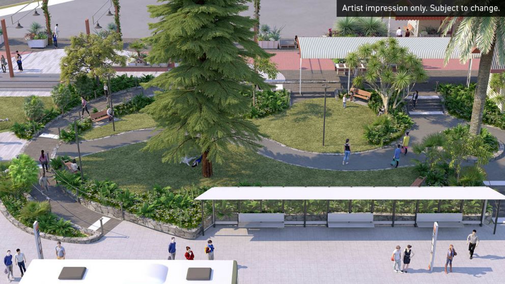 Artist aerial impression of Mentone Station garden design. Artist impression only. Subject to change.