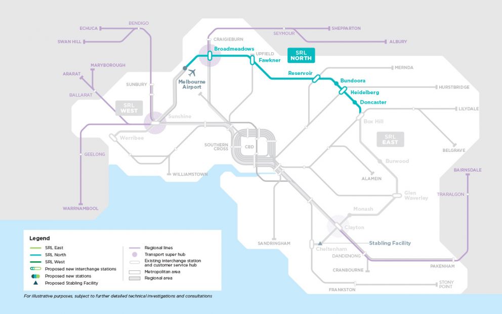 Map: Suburban Rail Loop with SRL North section highlighted - Box Hill to Melbourne Airport