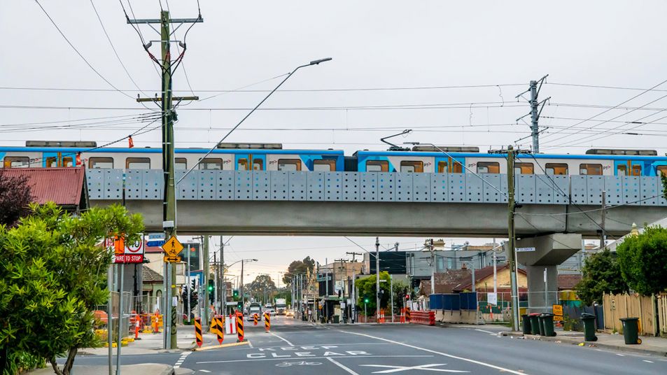 The completed rail bridge over Moreland road