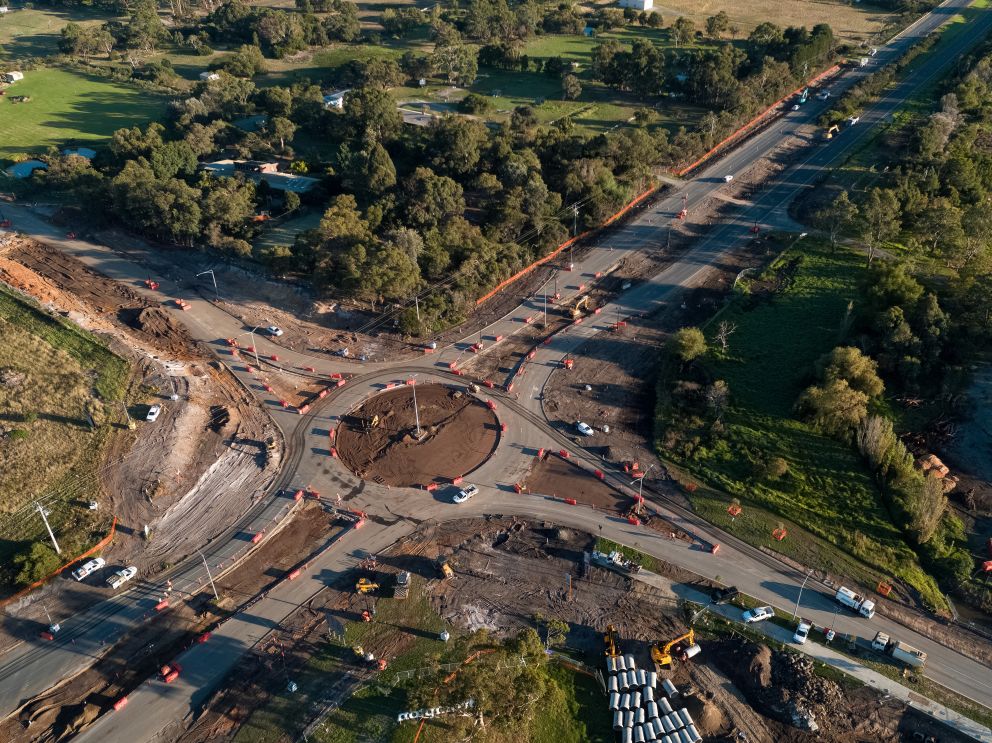 Aerial view of the Ballarto Road intersection during the road closure