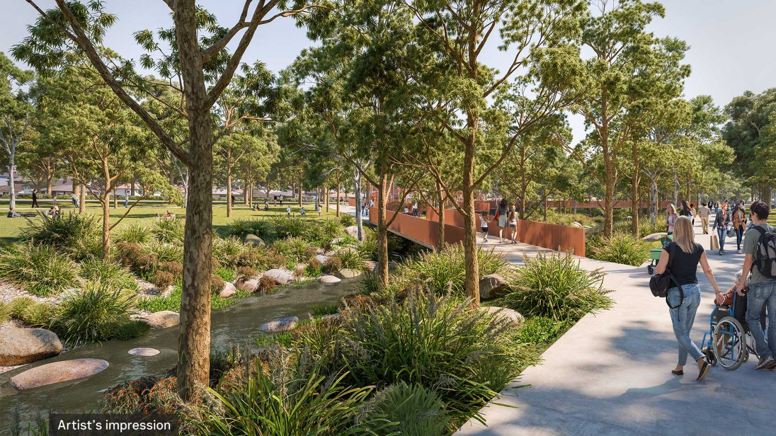 Artist’s impression of new Borlase Reserve parklands and trails running along Banyule Creek, Yallambie. View is looking west towards Greensborough Road.