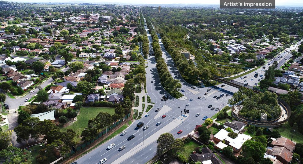 Artist’s impression view looking north along Greensborough Road boulevard. The bridge across Lower Plenty Road uses timber and steel screening to represent an iuk (eel) swimming in a river.