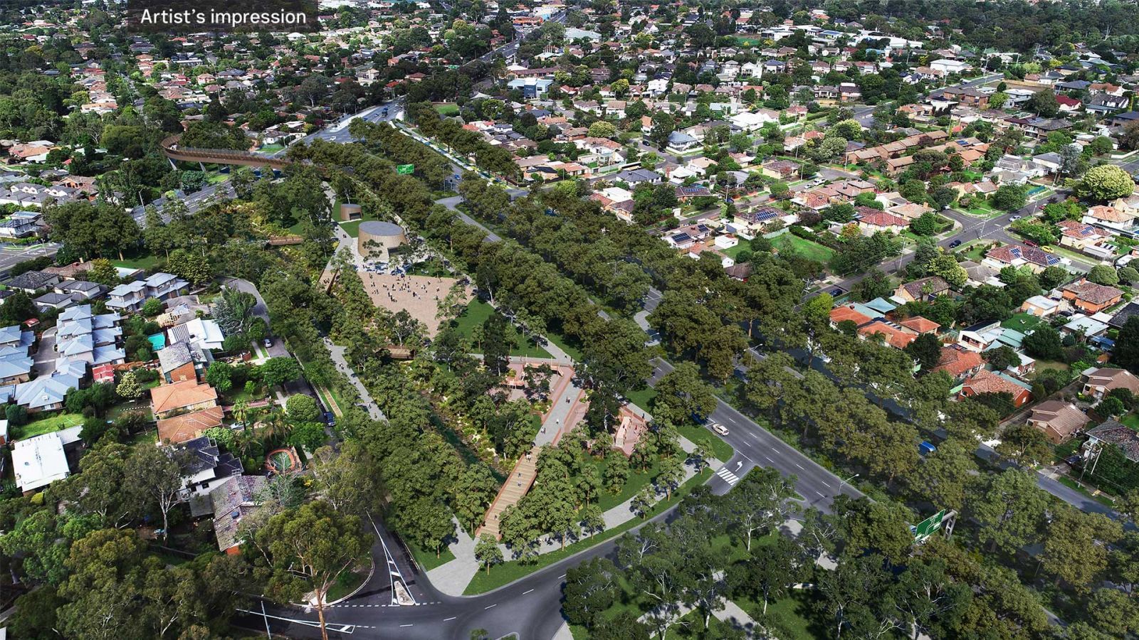 Artist’s impression aerial view looking south of Borlase Reserve parklands with new playground, bridge over Lower Plenty Road to Banyule Flats and Greensborough Road boulevard, Yallambie.